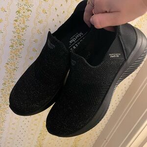 Skechers Black Textured Slip-Ons